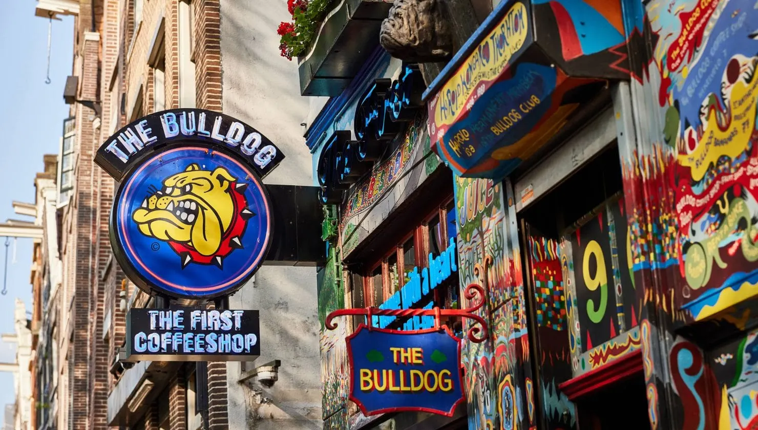 Вивіска The Bulldog — першої кав'ярні такого типу в Амстердамі